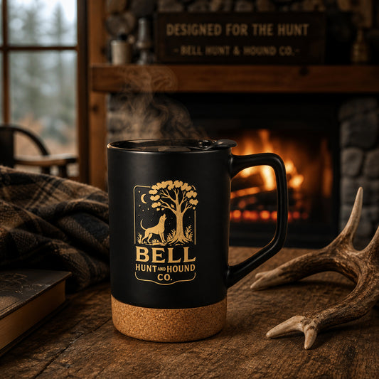 Bell Hunt and Hound Coffee Mug with lid and Removable Cork Base