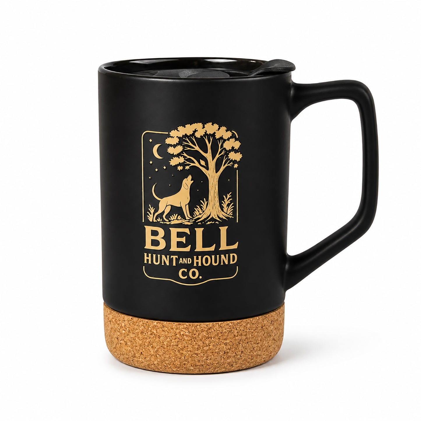 Bell Hunt and Hound Coffee Mug with lid and Removable Cork Base